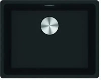 A black kitchen sink with a silver drain.