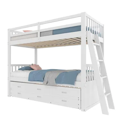 Produktbild von Etagenbett,Kinderbett(Weiß)Hausbett für Mädchen und Jungen,Bettgestell aus Kiefernholz und MDF mit Leiter undausziehbarem Bett und 3 Schubladen