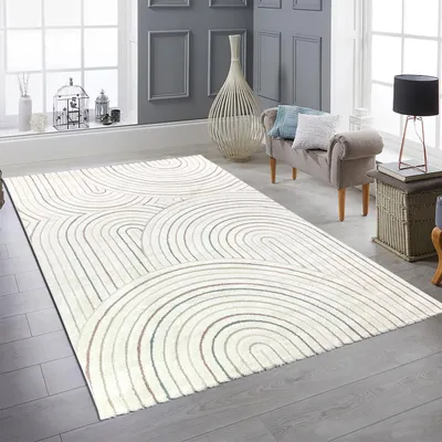 Produktbild von Moderner Teppich mit Bogenmuster in Beige mit bunten Streifen Größe - 160 x 230 cm