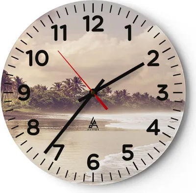 Produktbild von Wanduhr - Rund - Glasuhr - Palmen Strand Wasser - 30x30cm - Schleichendes Uhrwerk - Lautlos - zum Aufhängen bereit - Dekoration Modern - Wanddekoration aus Glas - C4AR30x30-4917
