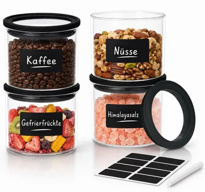 Produktbild von Elzusha – Set aus 4 Glasbehältern mit 600 ml Fassungsvermögen, luftdichten Deckeln und Etiketten
