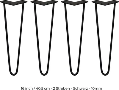 Produktbild von SKISKI Legs 4 x 2 Streben Hairpin-Legs Haarnadelbeine Haar-Nadel-Beine Haarnadel-Beine Tischbeine Stuhlbeine Möbelbeine Haarnadel-Tischbeine Möbelfüße  40.5cm H 10mm pulverbeschichteter Stahl - Schwarz