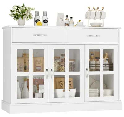 Obrázek produktu pro Bílá kuchyňská skříň – komoda – kredence – úložná skříň – skříň se skleněnými dvířky – rozměry 108 x 38 x 98,5 cm