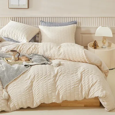 Productafbeelding van Seersucker beddengoed, 135x200 cm, 4-delig, beige, microvezel