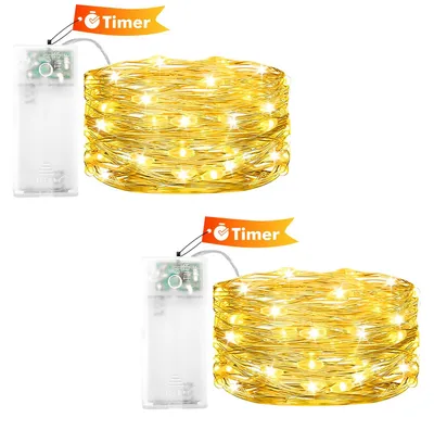 LED-Lichtschnur 2 m, 20 warmweiße LEDs, Timer, 2er-Pack