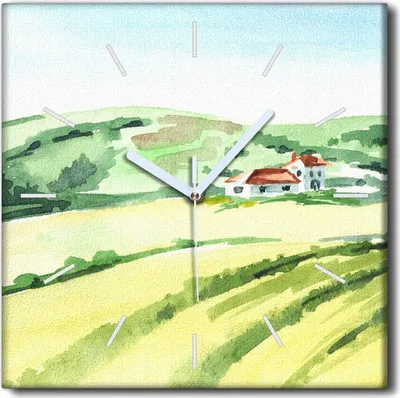 Produktbild von Coloray Uhr auf Leinwand 30x30 cm Wand Uhr Dekoration Wohnzimmer Segeltuch weiße Zeiger -Eine Aquarelllandschaftsfarm