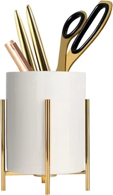 Imagen del producto de Portalápices de cerámica con detalle dorado, de 12 x 9 cm, ideal para oficina y escritorio