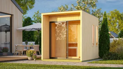Produktbild von Saunahaus Außensauna Gartensauna Catalina unbehandelt Ofen 9 KW externe Strg easy 73mm gedämmte Elemente  220x288x244 cm