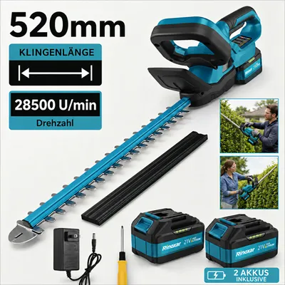 Zdjęcie produktu dla akumulatorowe nożyce do żywopłotu 21 V z silnikiem bezszczotkowym 8000 mAh | 600 W | 52 cm długości cięcia dla precyzyjnego cięcia (maks. średnica 15 mm)