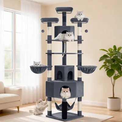 Produktbild von Katzenkratzpfosten groß 220 cm XXL Dunkelgrau Große Höhlen, 3 Plattformen, 8 Sisalpfosten, Hängematte, Katzenbürsten, Körbe, dickes Sisalseil