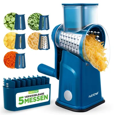 Productafbeelding van Kaasrasp - Rasmolen - Keukenrasp - 5 raspbladen - Met handkrukje - Blauw - Met zuigbasis
