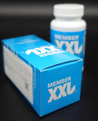 A product box and bottle for Member XXL are displayed on a black background.