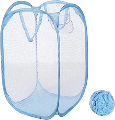 A blue pop-up laundry basket and a smaller, folded version of the same basket.
