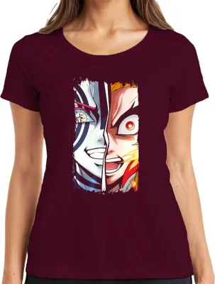 Zdjęcie produktu dla Rengoku Akaza Half Face Fire Demon Anime Vintage Anime Manga Ladies T-Shirt, bordowy, 3XL