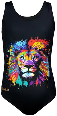 Produktbild von Aquarti Mädchen Badeanzug mit Ringerrücken Print, Farbe: Bunter Löwe / Schwarz, Größe: 158
