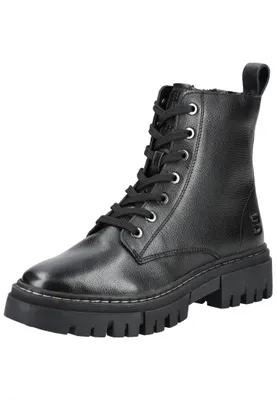 A black leather lace-up boot on a white background.