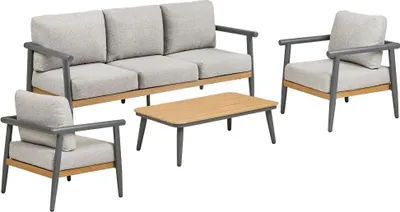 Zdjęcie produktu dla Camilla zestaw wypoczynkowy z poduszkami sofa, 2 fotele, 1 stolik szaro-beżowy.