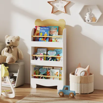 Produktbild von SUGIFT Kinderbücherregal Bärenform, Standregal Kinder, Bücherregal schmal, Naturholz | 55 x 15 x 110 cm | 3 Ablagen | Anti-Kipp-Sicherung