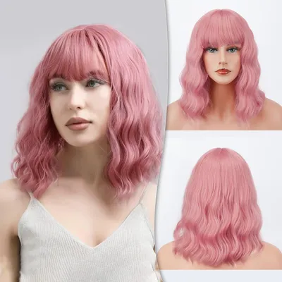 Produktbild von Barsdar Kurze Bob Perücke mit Pony Schulterlange Lockige Synthetische Cosplay Perücke in Rosa