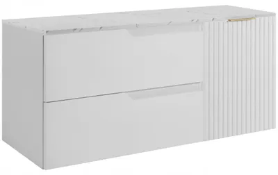 Produktbild von RODAN | Waschbeckenunterschrank Weiß 120 cm - Tischplatte in Weißmarmoroptik - 2 Schubladen - Hängend - MDF - Schrank mit 1 Tür - MODERN