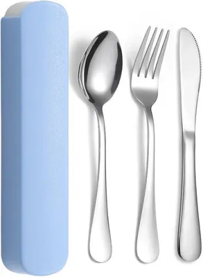 Immagine prodotto di Set di posate in acciaio da 3 pezzi, blu, ideale per picnic, viaggi, scuola e ufficio