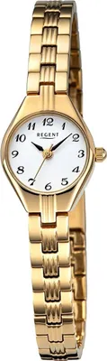 A studio shot of a gold-colored women's wristwatch with a white dial.