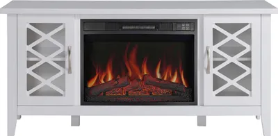 A white electric fireplace media console with a realistic flame effect.