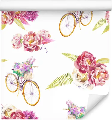 Produktbild von 10m VLIES TAPETE Rolle Kinderzimmer Fahrräder Blumen Pfingstrosen Flora XXL