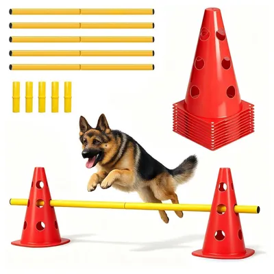 Produktbild von Agility Set Hunde 10 Kegel 5 Stangen 23 cm Höhe Cavaletti Koordinationstraining Rot