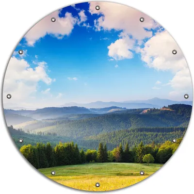 Produktbild von Wallario rundes Outdoor-Poster für Garten oder Balkon, Motiv Berglandschaft im Gebirge unter blauem Himmel, 90 cm Durchmesser