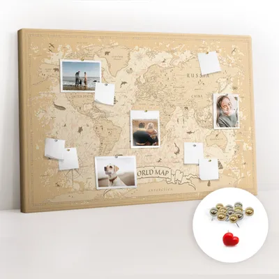 Obrázek produktu pro Korková nástěnka s kolíčky - Tabule s kolíky pro fotografie a poznámky - 120x80 cm - Připínáčky kovové 100 kusů - Vintage mapa světa