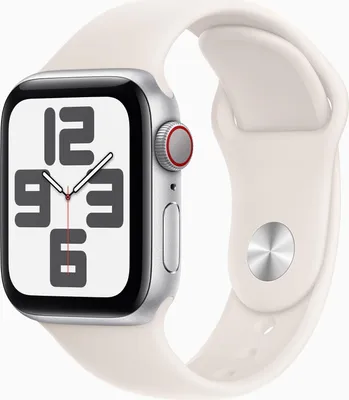 A product shot of an Apple Watch SE with a white sport band against a white background.