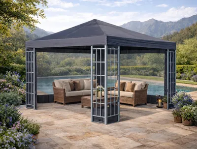 Produktbild von Rank Pavillon Set 3x3m Metall Garten Partyzelt Anthrazit mit 2 Seitenteilen mit Fenster