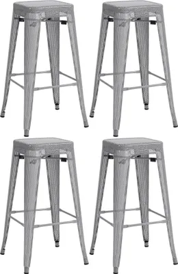 Four identical gray metal bar stools are arranged in a two-by-two grid against a white background.