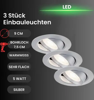 Produktbild von BRILONER Einbauleuchte 3er Set LED GU10 5W silber rund schwenkbar
