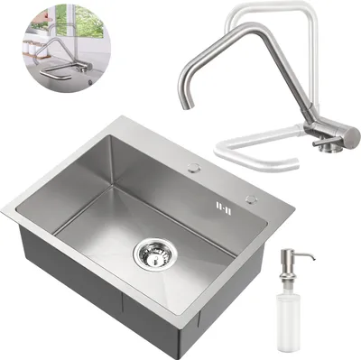 Produktbild von Edelstahl Küchenspüle + Umklappbare Küchenarmatur Set, 55 × 45 CM Einbauspüle mit Seifenspender, Vorfenster Spültischarmatur, Gebürstet