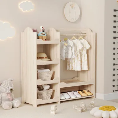Produktbild von Kindergarderobe/Kinderkleiderschrank mit Kleiderstange & 4 Regalen, Aufbewahrung für Kinderzimmer, Standgarderobe Naturholz, 110*39*110 cm