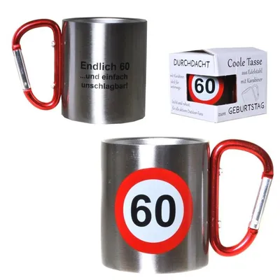 Produktbild von 1 Becher , Tasse " 60 " mit Karabiner , Metall 60.Geburtstag Deko