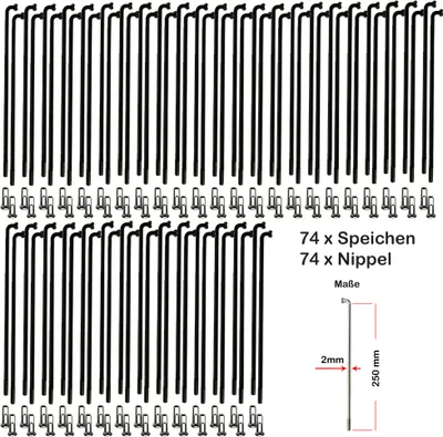 Produktbild von 74 Stück Speichen 250mm Spokes schwarz VERZINKT 2mm inkl. Messing Speichennippel