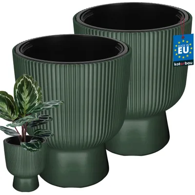 Produktbild von KOTARBAU® 2er Set Blumentopf ⌀ 29cm Orchideentopf Übertopf mit Innentopf Pflanzentopf mit Sockel Geriffelt Kelchform Pflanzkübel aus Kunststoff Grün