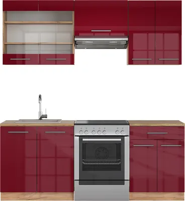 Produktbild von Küchenzeile Vicco Fame-Line Bordeaux Hochglanz/Goldkraft Eiche 200 cm ohne Arbeitsplatte, Model 38680