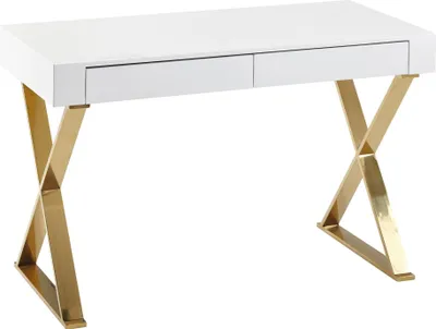 Produktbild von WOHNLING Schreibtisch 118x76x57 cm Holz Hochglanz Weiß Metallbeine Golden Design Computertisch PC-Tisch Bürotisch Modern Konsolentisch Schubladen