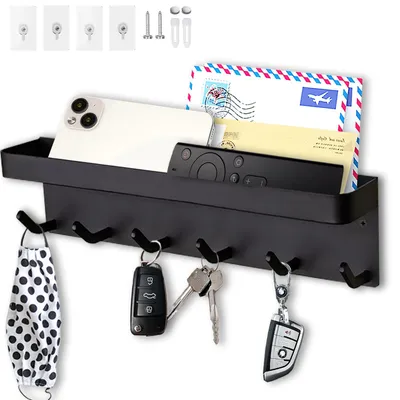 Produktbild von Schlüsselhalter mit 6 Haken, bohrfreies Schlüsselbrett, Schlüsselablage aus Metall, Briefhalter, schwarz