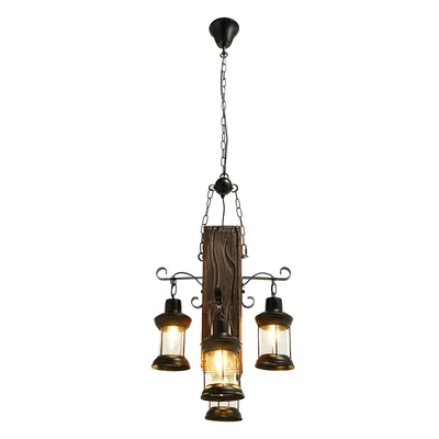 A vintage-style chandelier with four lantern-shaped lights hanging from a wooden beam.