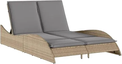 Image de Transat avec coussins, couleur beige, dimensions 114x205x73 cm. Transat de jardin en polyrotin avec dossier réglable. Transat double, transat de relaxation pour jardin, terrasse ou balcon