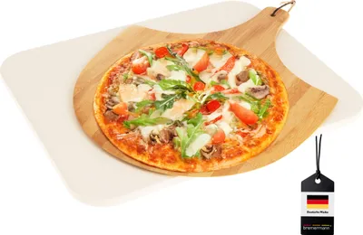 Produktbild von bremermann Pizzastein-Set 2tlg // Pizzastein inkl. Pizzaheber // Cordierit, rechteckig 30 x 38 cm // Pizzaschaufel Bambus