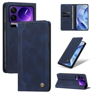 Image de Étui pour Xiaomi 17 Pro, type portefeuille en cuirPolyuréthaneavec compartiments pour cartes et support intégré, couleur bleu foncé