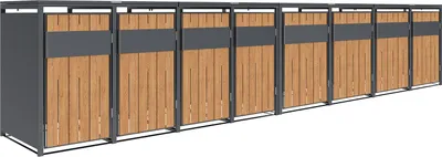 A row of outdoor trash bin enclosures with wooden fronts and gray metal frames, presented against a white background.