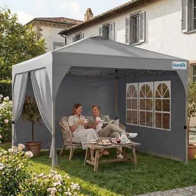 Produktbild von Quictent Pavillon 3x3m, Faltpavillon EIN-Tasten-Zentralverriegelung, Gartenpavillon Partyzelt Gartenzelt, mit 3 abnehmbaren Fensterseiten, Grau