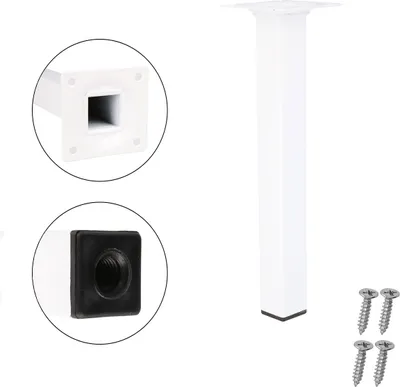A white square furniture leg with screws and close-up views of its top and bottom.